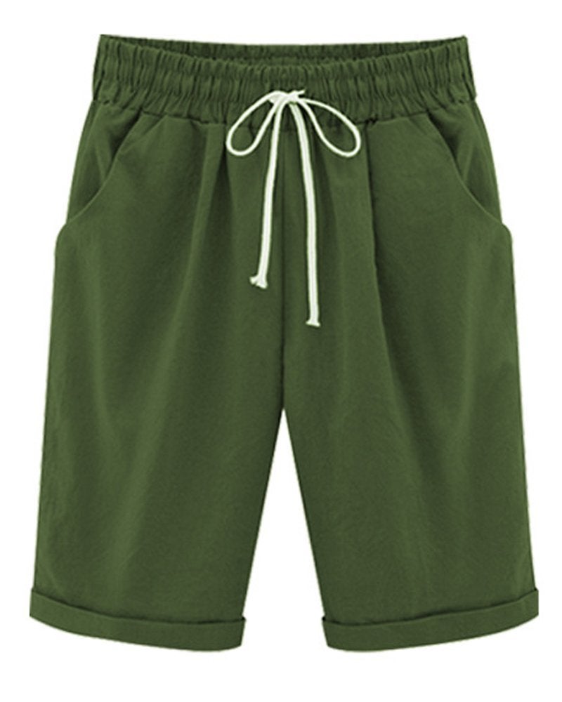 FOURSTEEDS Women's Cotton Drawstring Elastic Waist Knee Length Casual Bermuda Shorts with Pocket Army Green US 14W / Tag Size 4XL - Image 1