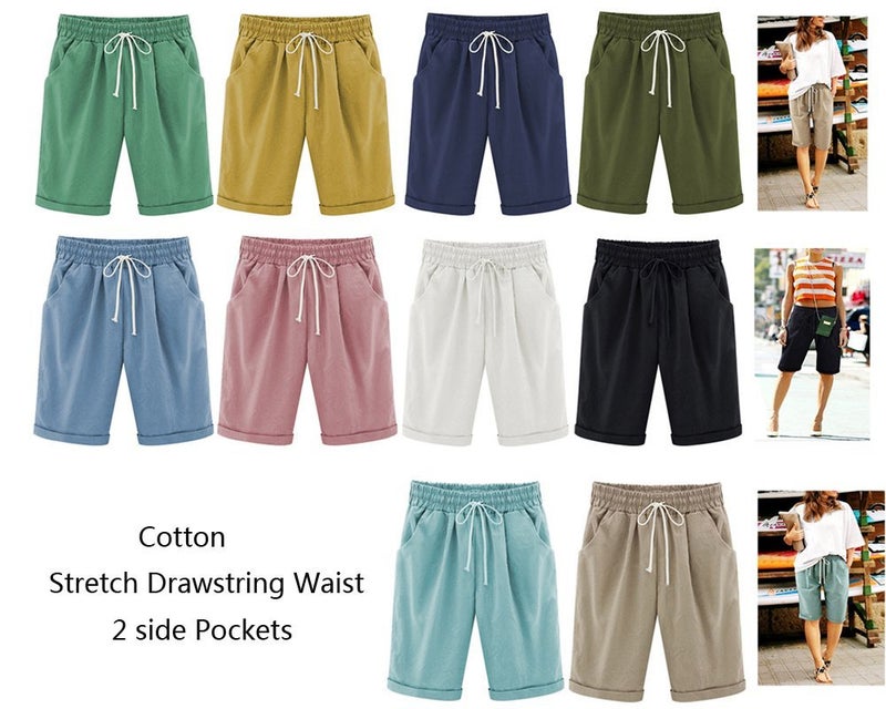 FOURSTEEDS Women's Cotton Drawstring Elastic Waist Knee Length Casual Bermuda Shorts with Pocket Army Green US 14W / Tag Size 4XL - Image 2