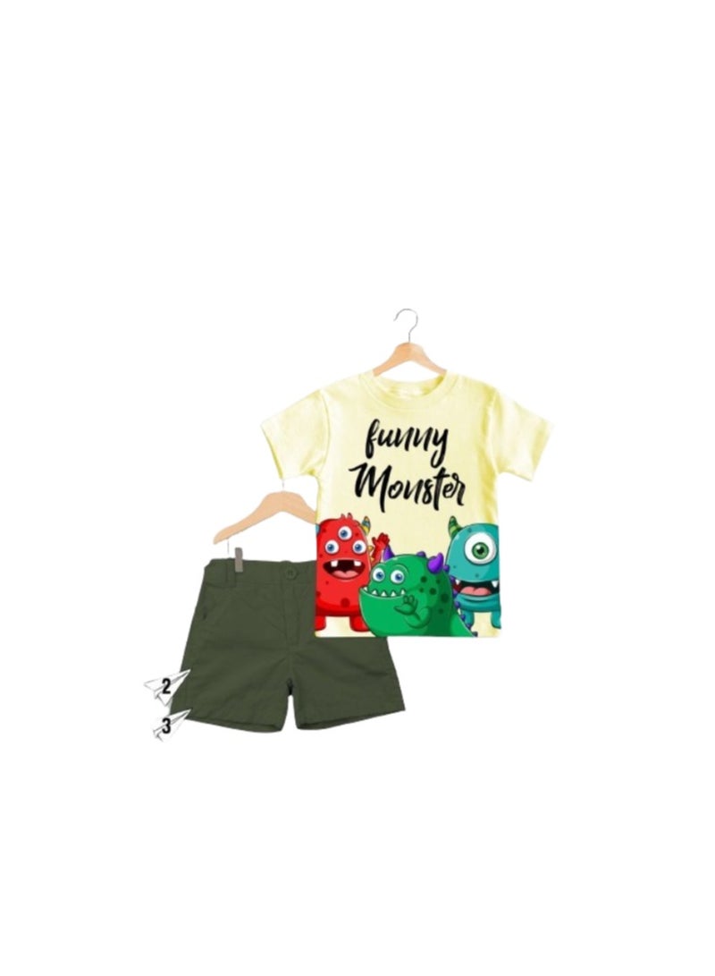 Boys' set: yellow T-shirt with a pattern and olive shorts