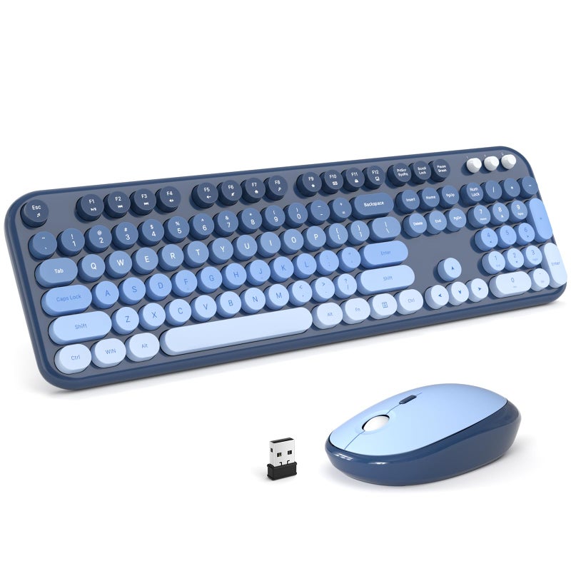 MOFII Wireless Keyboard and Mouse Combo, Full Size 2.4G Retro Round Computer Keyboard and Mouse Set, Plug and Play, for Windows, Computer, Desktop, PC, Notebook - (Sea Blue Gradient) - Image 1