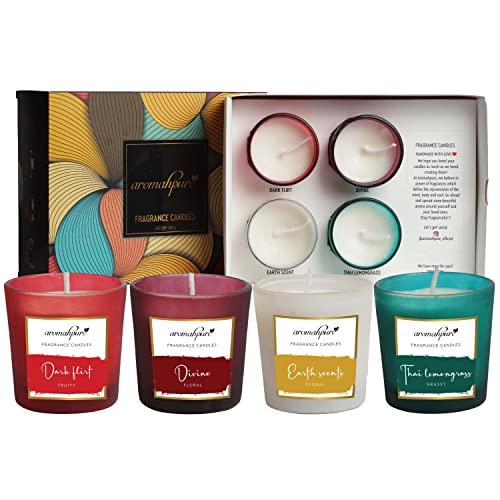 Aromahpure Fragrance Candles Set-2 (4 X 60g Each)(100% Soy Wax) - Dark Flirt, Divine, Earth SCENTS, Thai Lemongrass Fragrance Candles for Home & Gift Sets - Image 1