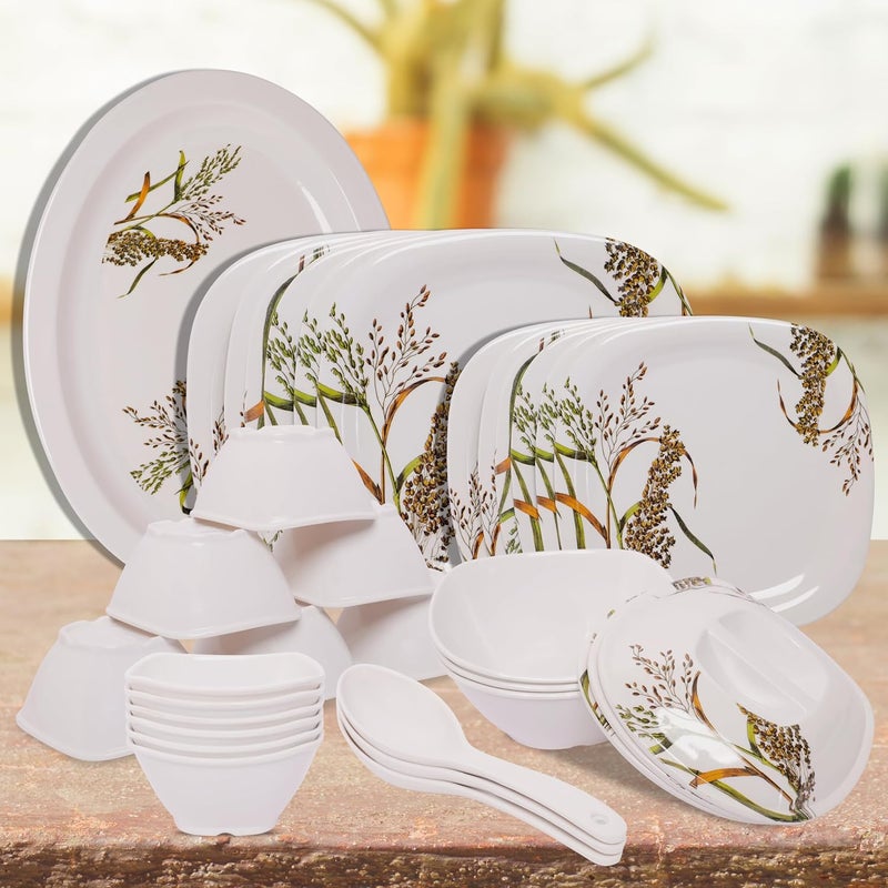 HomePro 34 Pieces Melamine Dinner Set Glamour Stain Resistant Beautiful Leave Small Flower Design Crockery Dinnerware in Exclusive Round Shape Set for Your Home Kitchen and Gifting - Image 1