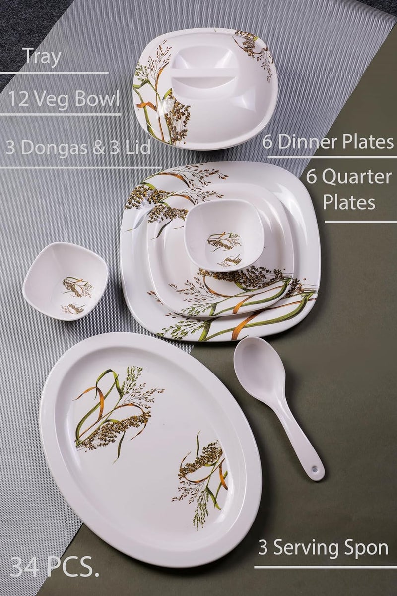 HomePro 34 Pieces Melamine Dinner Set Glamour Stain Resistant Beautiful Leave Small Flower Design Crockery Dinnerware in Exclusive Round Shape Set for Your Home Kitchen and Gifting - Image 2