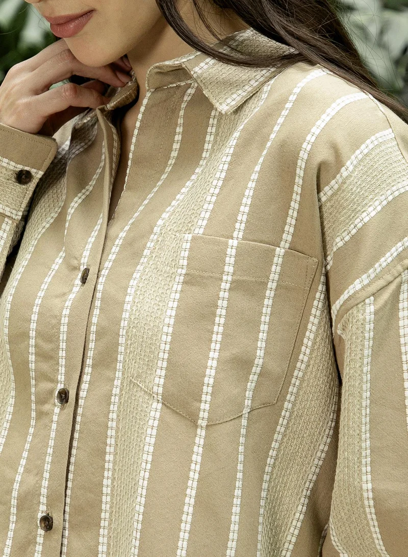 Pinacolada  Women's Sand Beige Panel-Jacquard Oversized Shirt for Women | Best Price UAE