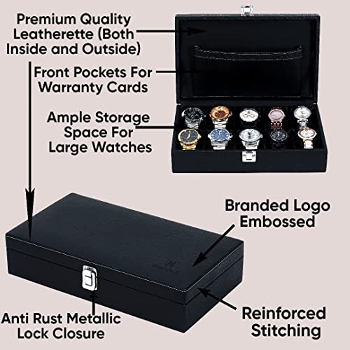 Hard Craft Watch Organiser Box Collection Case Holder | 10 Slots PU Leather Accessories Storage Box For Men Women | Removable Watch Pillows | Black Color - Image 4