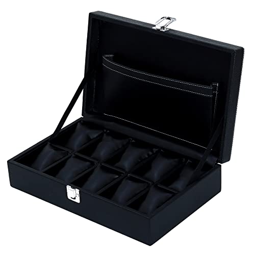 Hard Craft Watch Organiser Box Collection Case Holder | 10 Slots PU Leather Accessories Storage Box For Men Women | Removable Watch Pillows | Black Color - Image 1