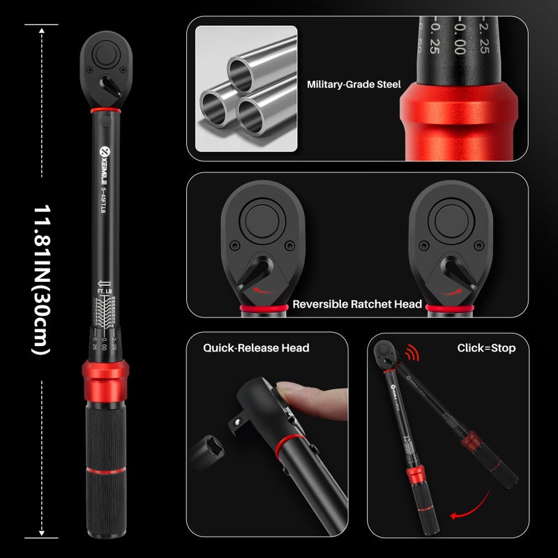 XEIMILE 3/8-Inch Drive Click Torque Wrench - 5-45 Ft-Lb/6.8-61Nm, Dual-Direction Adjustable 72 Tooth Click Torque Wrench with Dual Range Scales, High 3% Precision for Bike, Motorcycle and Car Repair - Image 3