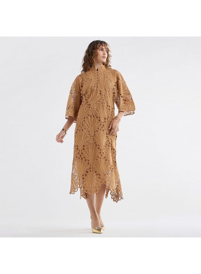 Splash FAV Lace Detail A-Line Dress with High Neck and Short Sleeves  - Image 1