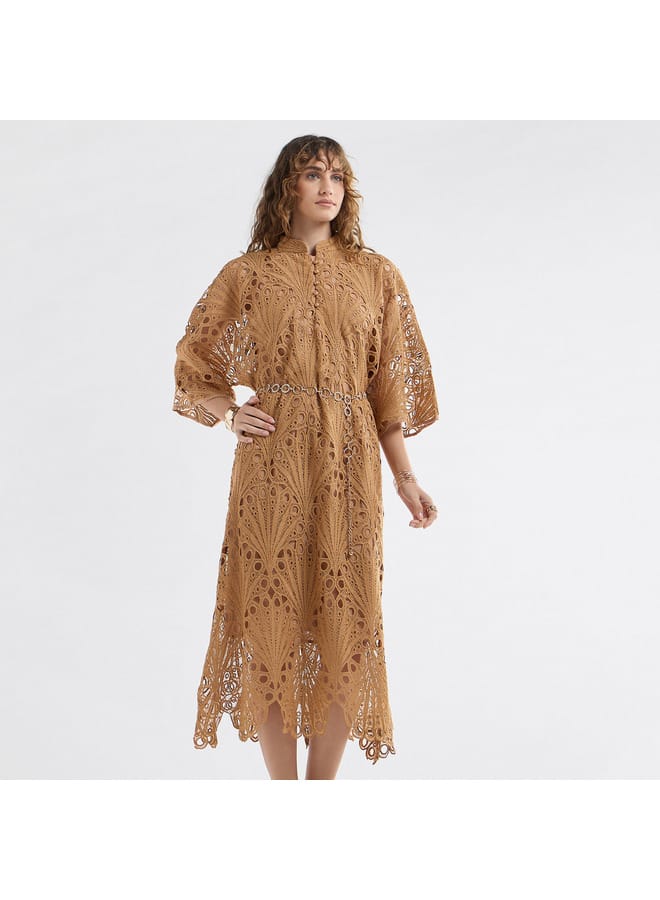 Splash FAV Lace Detail A-Line Dress with High Neck and Short Sleeves  - Image 2