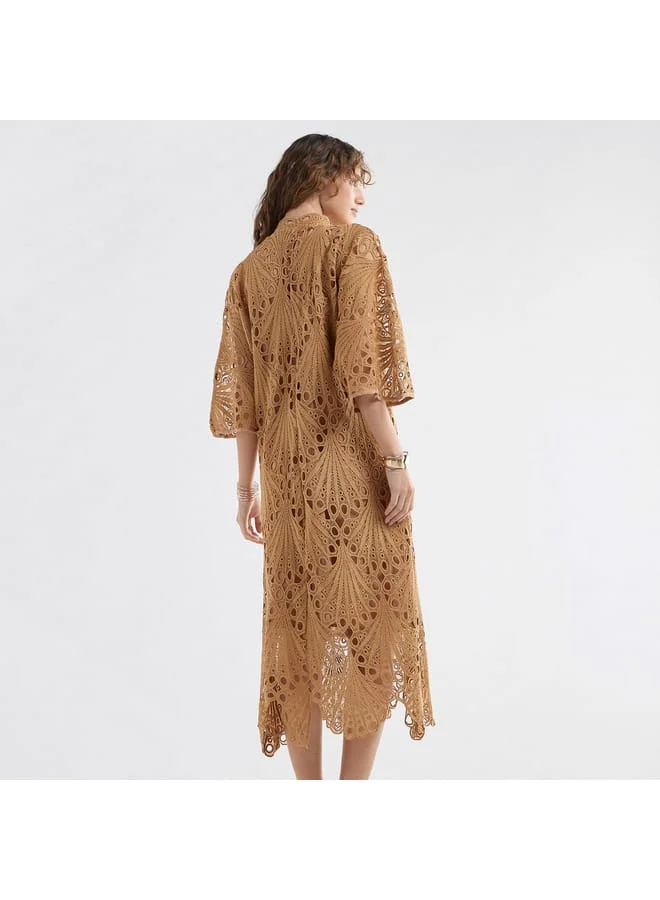 Splash FAV Lace Detail A-Line Dress with High Neck and Short Sleeves