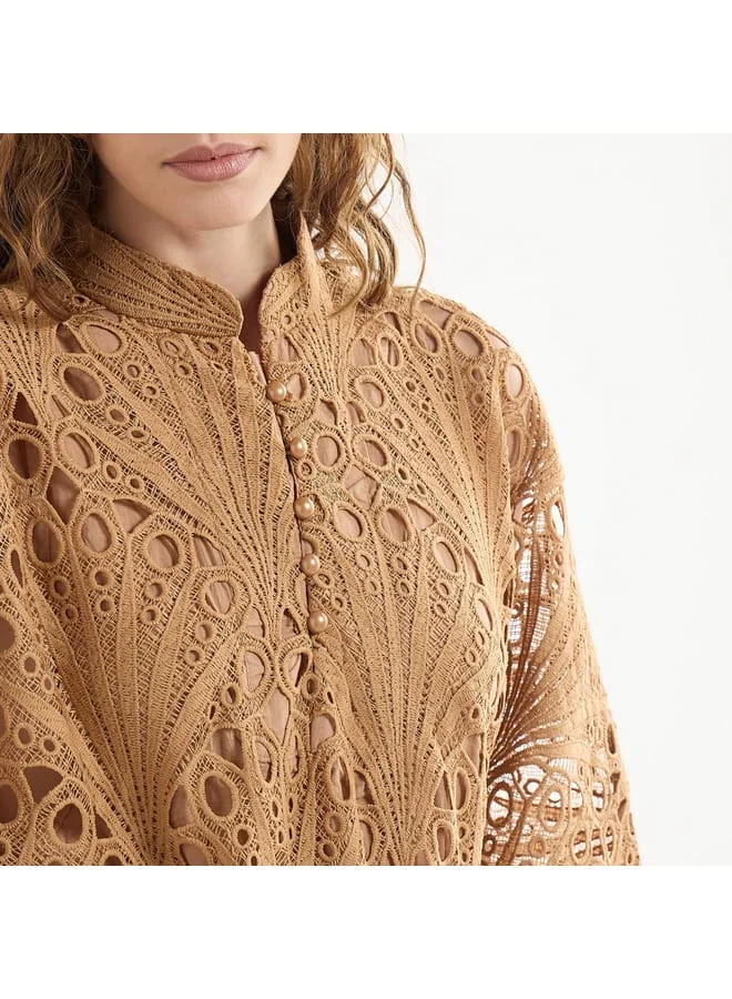 Splash FAV Lace Detail A-Line Dress with High Neck and Short Sleeves