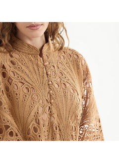 FAV Lace Detail A-Line Dress with High Neck and Short Sleeves  - Image 4