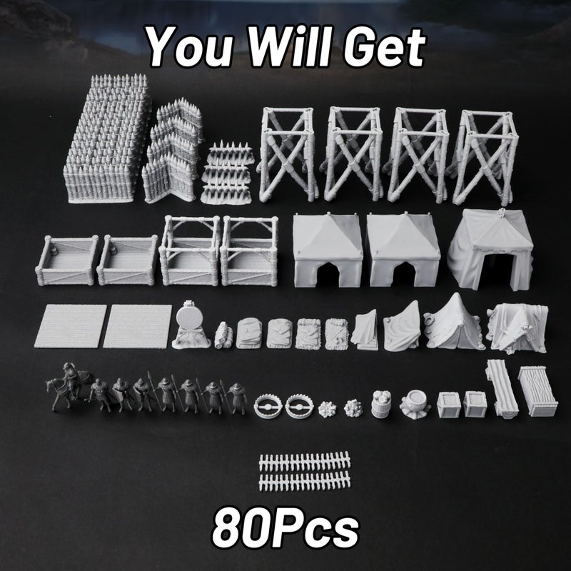 AUSPDICE AF676 Medieval Military Camp RPG Terrain Set for DND Map Building, Compatible with TTRPG Games, Modular Game Pieces with Barricades, Tents, Watchtowers, and Props - Image 5