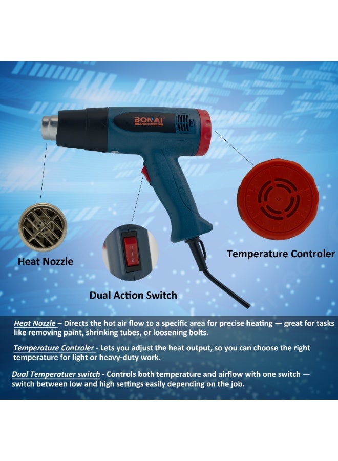 بوناي مسدس حراري بوناي BN-HK83، بقوة 2000 واط، مزود بأربع فوهات، ودرجة حرارة متغيرة 50-550 درجة مئوية، وتدفق هواء مزدوج، ومنفاخ هواء ساخن كهربائي لإزالة الطلاء، ولحام البلاستيك، وأنابيب الانكماش، والحرف اليدوية - 220 فولت - Image 5