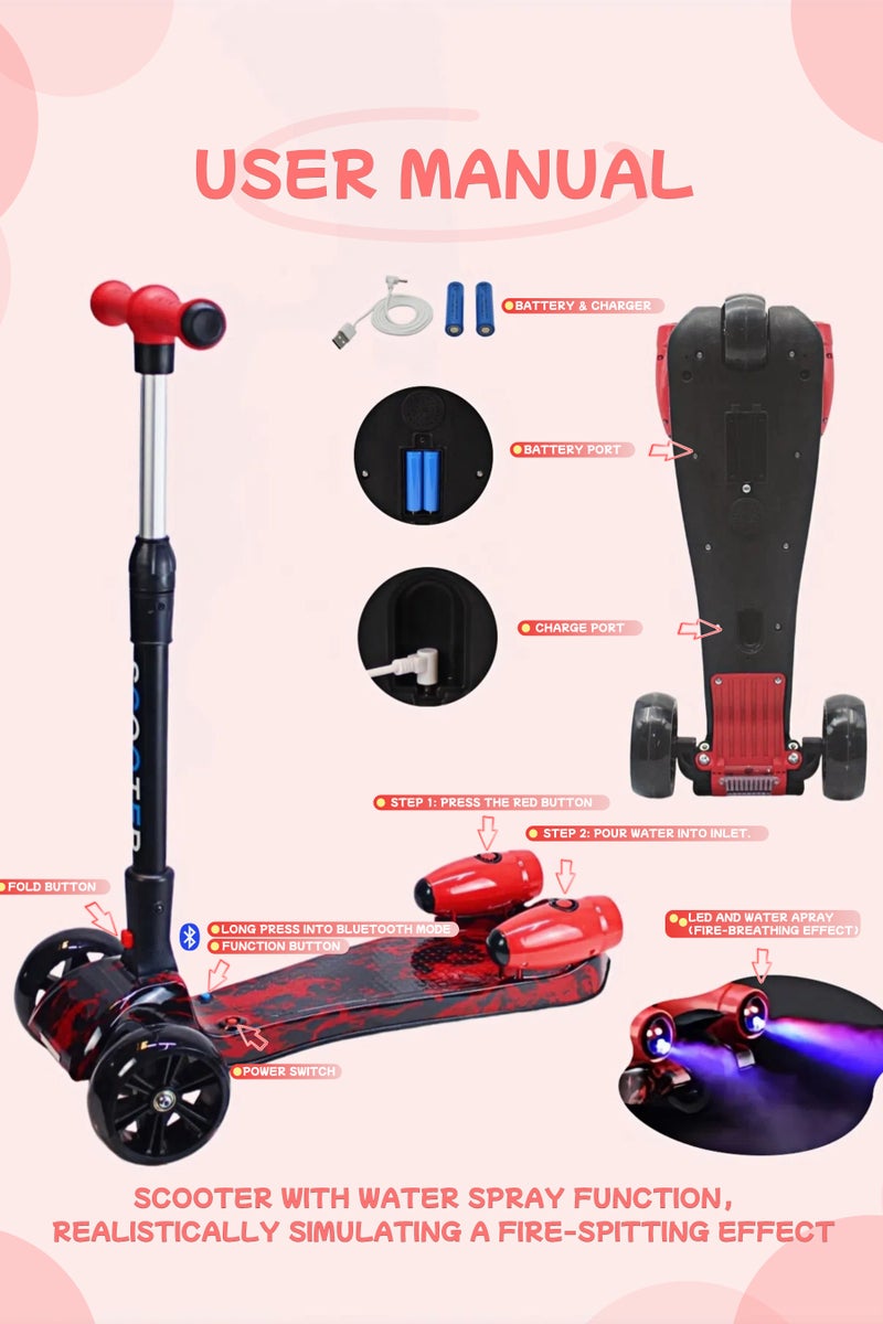 EASY FUTURE For Boys and Girls, Foldable & Safe Ride 3 Wheel Kick Scooter with LED Light-Up Wheels, Bluetooth Music, Water Spray Smoke Effect, Lean to Steer, for Kids Ages 3–14 - Image 3