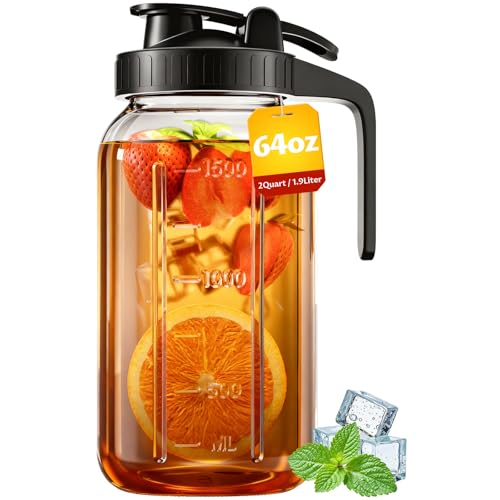VA1KENE 2 Pack Mason Jar Pitcher – Airtight & Leakproof Glass Pitcher with Lid, 2 Quart (64 oz) 1/2 Gallon Mason Jar with Pour Spout Lid, Ideal for Breastmilk, Cold Brew, Sun Tea and Coffee - Image 1