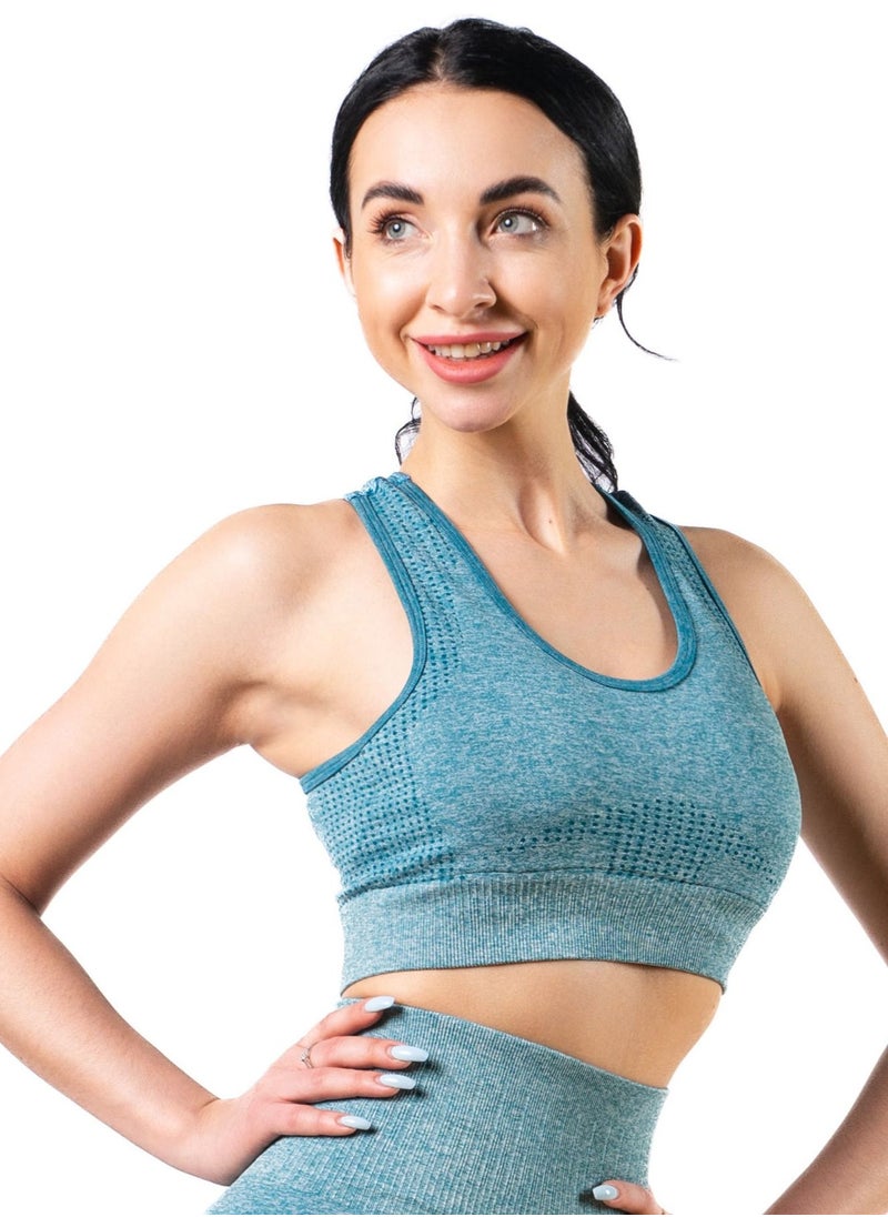 Bernessi High Support Melange Sports Bra Top for Women Comfortable Ladies Bra for Fitness Yoga Workout Gym Running Exercise Dance Athletic Textured Ocean Blue  - Image 1