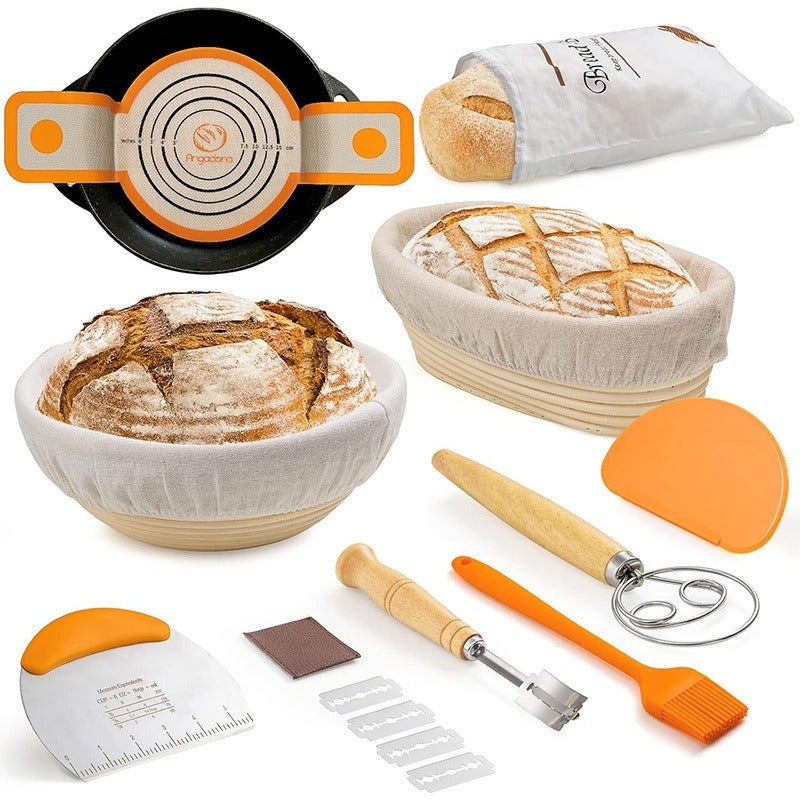 Bread Proofing Basket Set with Dough Scraper, Rolling Pin, and Pastry Mat - 13 Piece Baking Tool Kit
