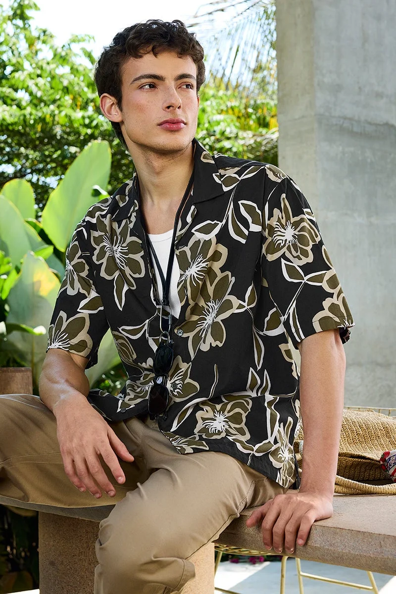 SNITCH Black Floral Half Sleeve Boxy Shirt