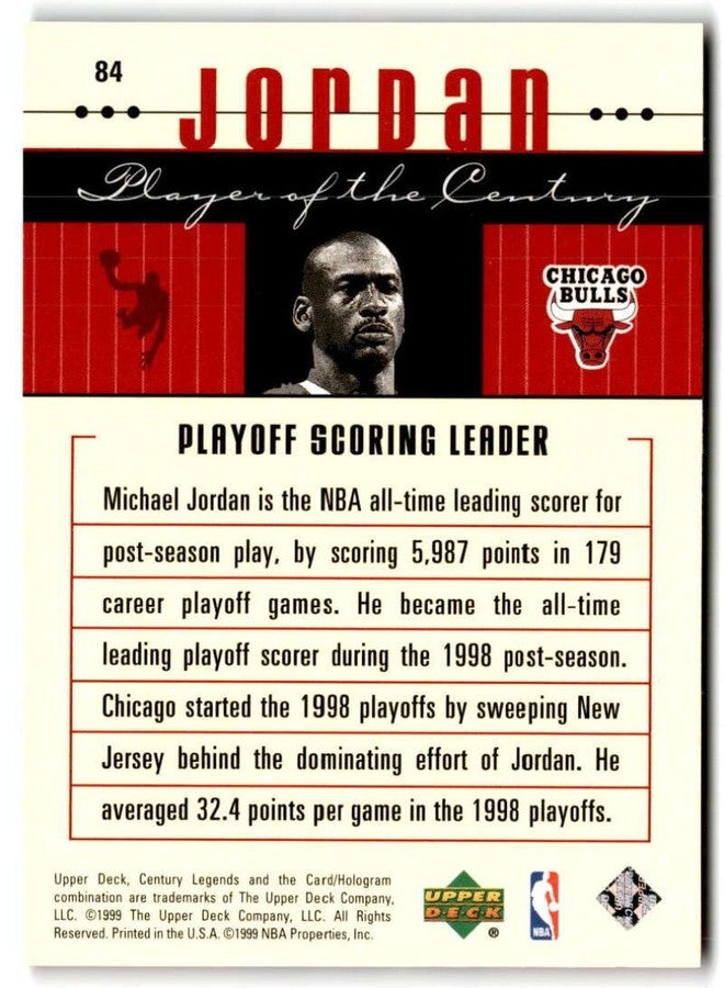 أبير ديك بطاقة تداول كرة السلة لمايكل جوردان، لاعب فريق شيكاغو بولز، من إصدار Upper Deck Century Legends لعام 1999-2000، رقم 84 - Image 2
