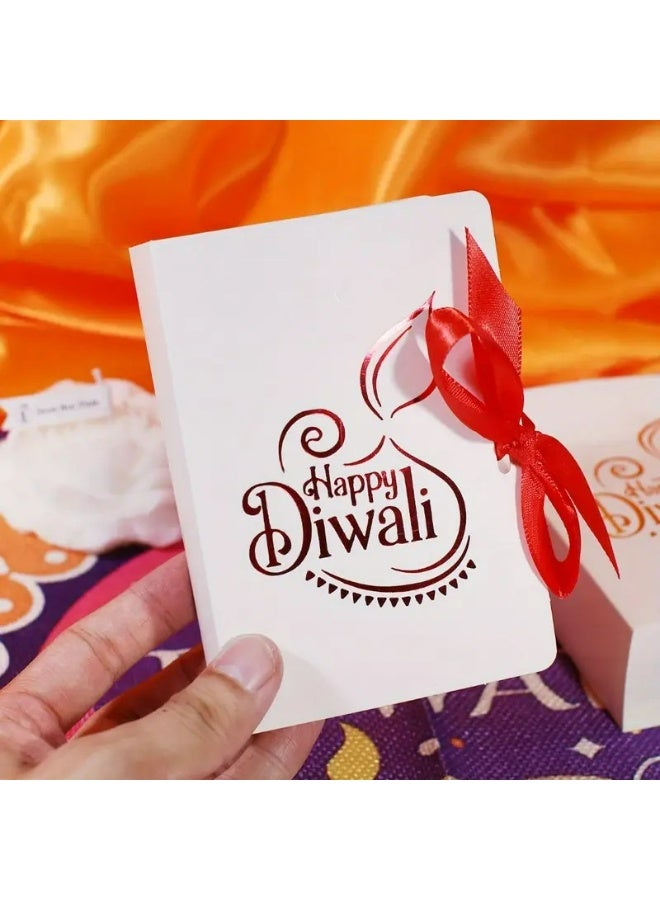KANDiD Happy Diwali Gift Box with Gold Floral Design, Orange Paper Bag with Satin Bow (white box-Red Ribbon, 5pcs) - Image 1
