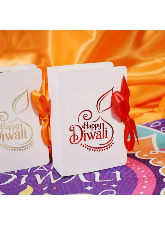 KANDiD Happy Diwali Gift Box with Gold Floral Design, Orange Paper Bag with Satin Bow (white box-Red Ribbon, 5pcs) - Image 4