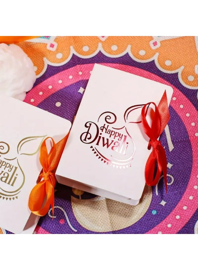KANDiD Happy Diwali Gift Box with Gold Floral Design, Orange Paper Bag with Satin Bow (white box-Red Ribbon, 5pcs) - Image 5