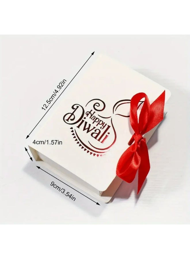 KANDiD Happy Diwali Gift Box with Gold Floral Design, Orange Paper Bag with Satin Bow (white box-Red Ribbon, 5pcs) - Image 2