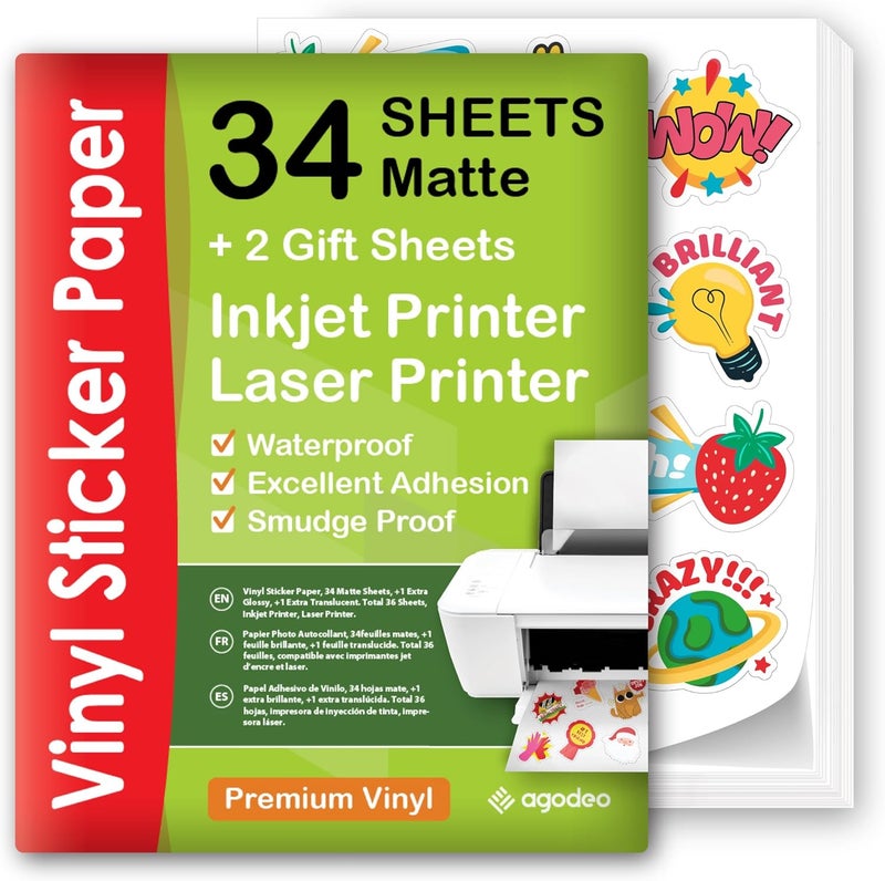 AgoDeo Premium Printable Vinyl Sticker Paper for Inkjet & Laser Printer - 34 Sheets Self-Adhesive Sheets Matte White Waterproof, Dries Quickly Vivid Colors, Holds Ink well- Tear Resistant - Image 1