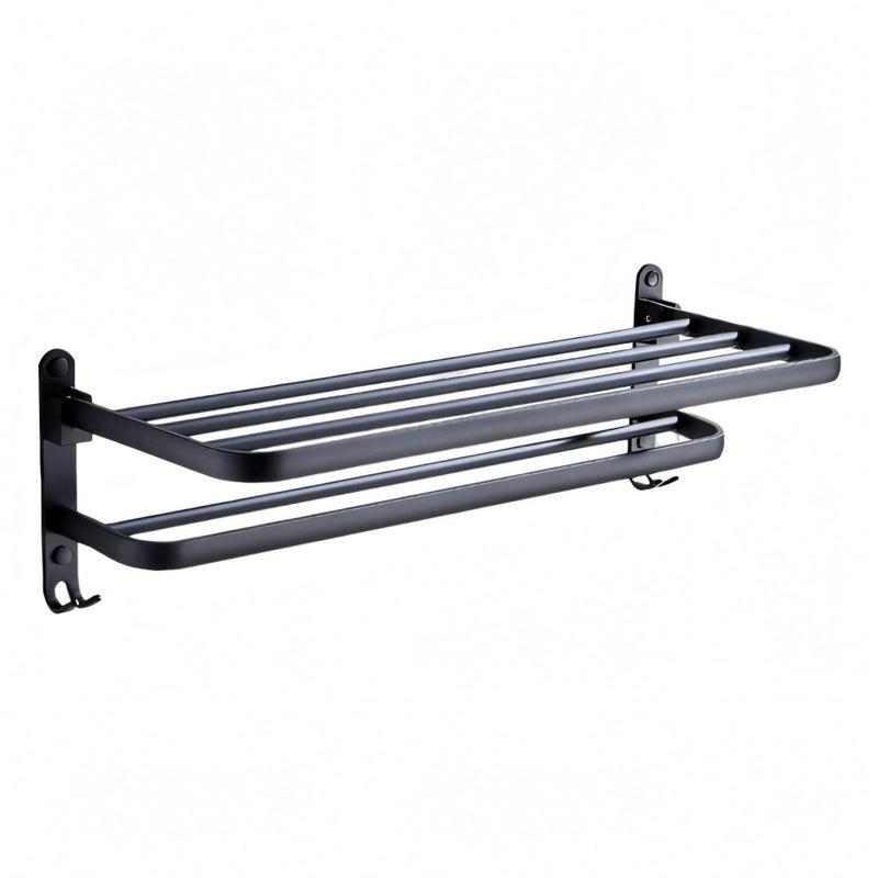 iSTAR Aluminium Wall-Mounted Foldable Towel Holder for Bathroom | Stylish Space-Saving Shelf With 2 Hooks | Towel Hanger for Toiletries, Bathroom, Home, Hotel, Accessories Organizing Essential (Black) - Image 2