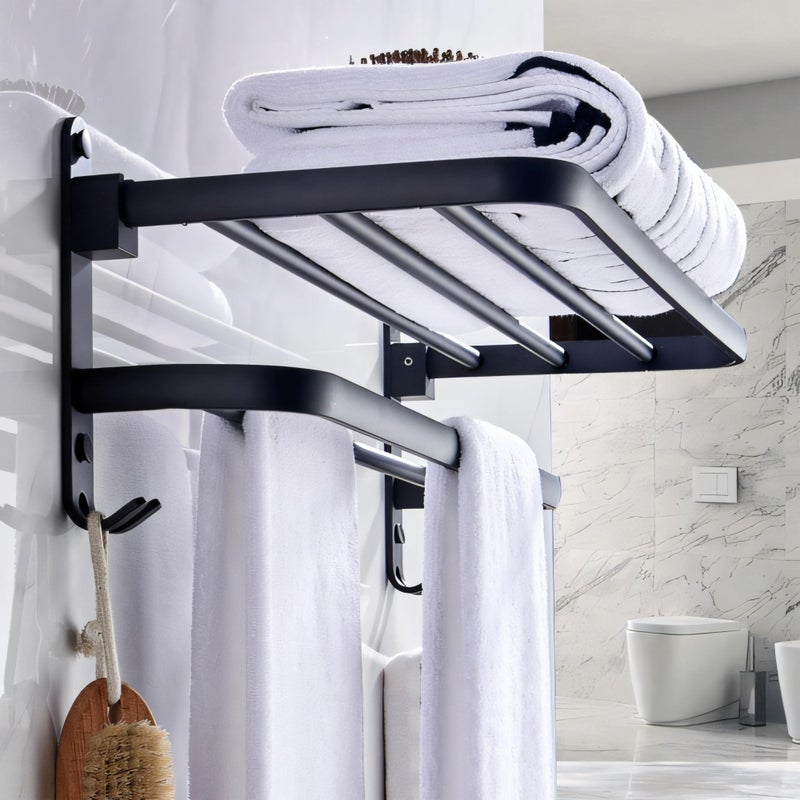 iSTAR Aluminium Wall-Mounted Foldable Towel Holder for Bathroom | Stylish Space-Saving Shelf With 2 Hooks | Towel Hanger for Toiletries, Bathroom, Home, Hotel, Accessories Organizing Essential (Black) - Image 1
