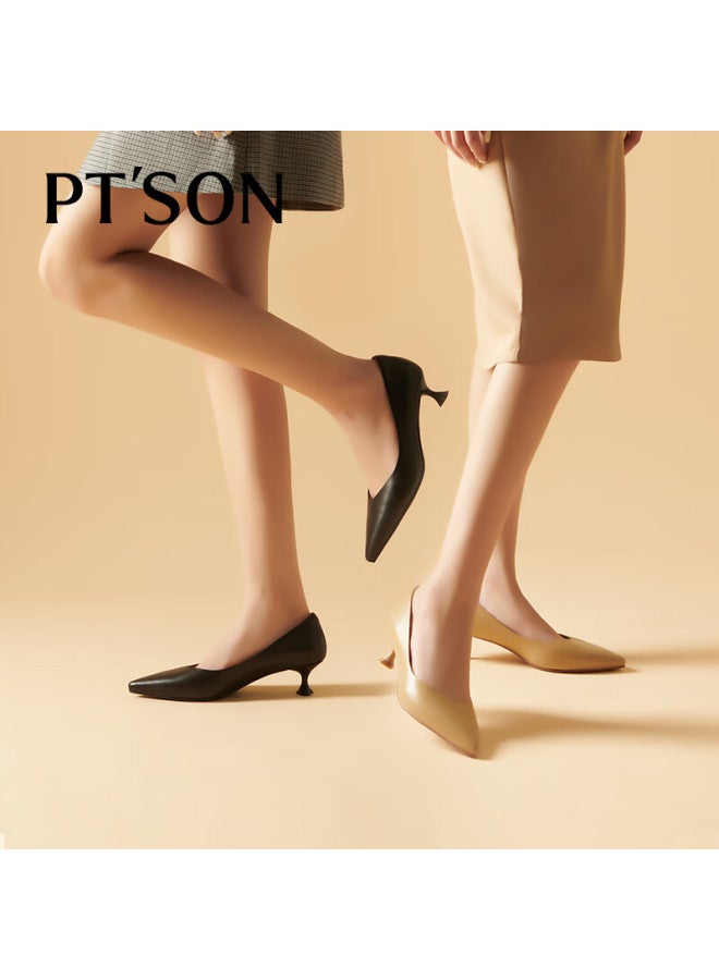 PT'SON Baitiansen Little Cat Black High Heels Women's Spring And Autumn Soft Sheepskin Work Shoes Commuting Shallow Mouth Single Shoes Black Size 38 - Image 2