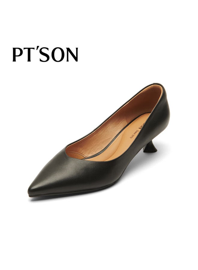 PT'SON Baitiansen Little Cat Black High Heels Women's Spring And Autumn Soft Sheepskin Work Shoes Commuting Shallow Mouth Single Shoes Black Size 38 - Image 1