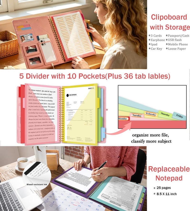 KLLVE Pink Foldable Spiral Clipboard Folio with Storage Zipper Pouch, 5 Plastic Folders with Pockets,Refillable Lined Notepad (8.5" x 11"), Hardcover Project Organizer with 39 Stickers - Image 3