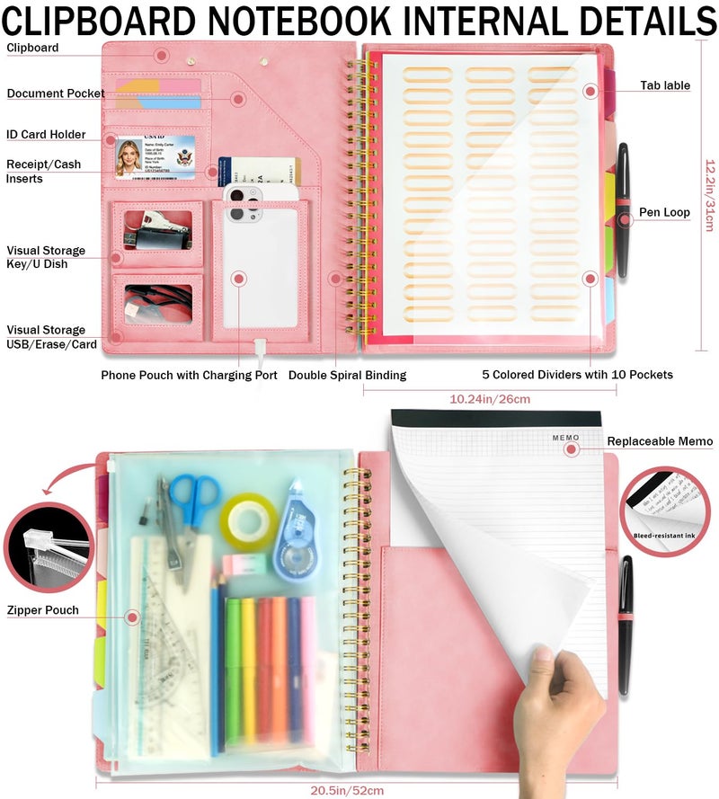 KLLVE Pink Foldable Spiral Clipboard Folio with Storage Zipper Pouch, 5 Plastic Folders with Pockets,Refillable Lined Notepad (8.5" x 11"), Hardcover Project Organizer with 39 Stickers - Image 2