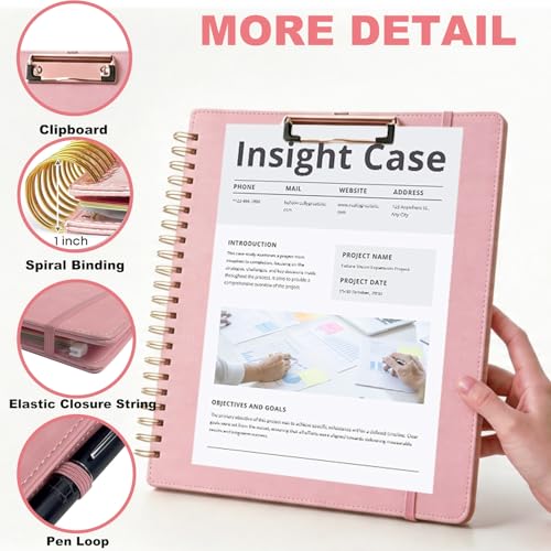 KLLVE Pink Foldable Spiral Clipboard Folio with Storage Zipper Pouch, 5 Plastic Folders with Pockets,Refillable Lined Notepad (8.5" x 11"), Hardcover Project Organizer with 39 Stickers - Image 5