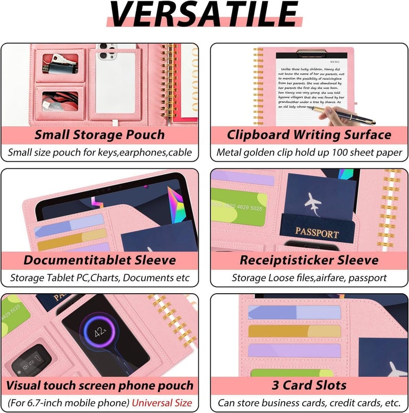 KLLVE Pink Foldable Spiral Clipboard Folio with Storage Zipper Pouch, 5 Plastic Folders with Pockets,Refillable Lined Notepad (8.5" x 11"), Hardcover Project Organizer with 39 Stickers - Image 4