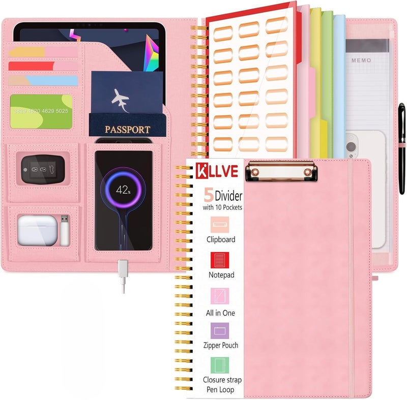 KLLVE Pink Foldable Spiral Clipboard Folio with Storage Zipper Pouch, 5 Plastic Folders with Pockets,Refillable Lined Notepad (8.5" x 11"), Hardcover Project Organizer with 39 Stickers - Image 1