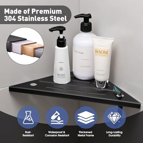 goodleben Corner Shower Shelf, 10'' Shower Corner Shelf with Towel Bar & Hooks, 304 Stainless Steel Recessed Bathroom Shelves, No Drilling for Tiled Wall, 2-Pack (Matte Black) - Image 4
