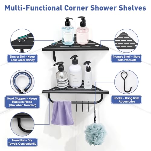 goodleben Corner Shower Shelf, 10'' Shower Corner Shelf with Towel Bar & Hooks, 304 Stainless Steel Recessed Bathroom Shelves, No Drilling for Tiled Wall, 2-Pack (Matte Black) - Image 2