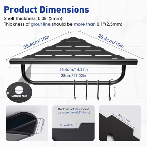 goodleben Corner Shower Shelf, 10'' Shower Corner Shelf with Towel Bar & Hooks, 304 Stainless Steel Recessed Bathroom Shelves, No Drilling for Tiled Wall, 2-Pack (Matte Black) - Image 5