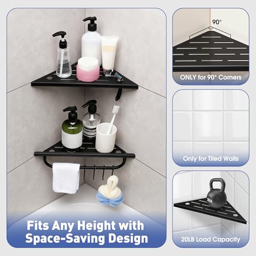 goodleben Corner Shower Shelf, 10'' Shower Corner Shelf with Towel Bar & Hooks, 304 Stainless Steel Recessed Bathroom Shelves, No Drilling for Tiled Wall, 2-Pack (Matte Black) - Image 3