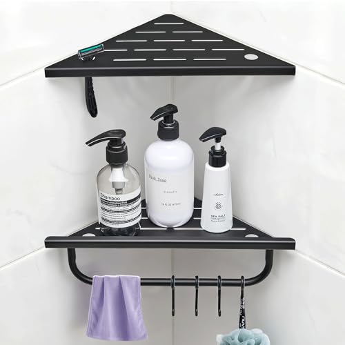 goodleben Corner Shower Shelf, 10'' Shower Corner Shelf with Towel Bar & Hooks, 304 Stainless Steel Recessed Bathroom Shelves, No Drilling for Tiled Wall, 2-Pack (Matte Black) - Image 1