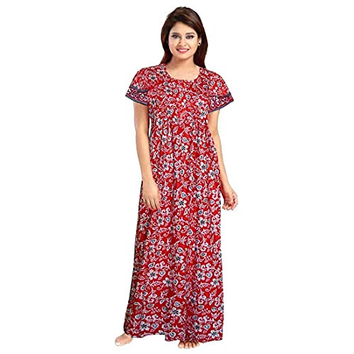 YUKATA Women's Cotton Printed Maxi Nighty & Night Dress - Free Size (Pack of 2) (X-Large, Red&Blue) - Image 3