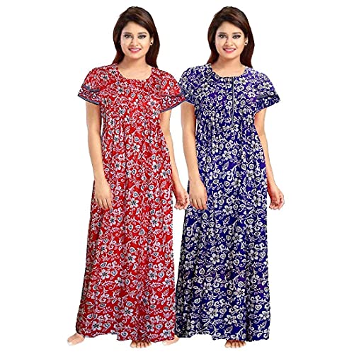 YUKATA Women's Cotton Printed Maxi Nighty & Night Dress - Free Size (Pack of 2) (X-Large, Red&Blue) - Image 1