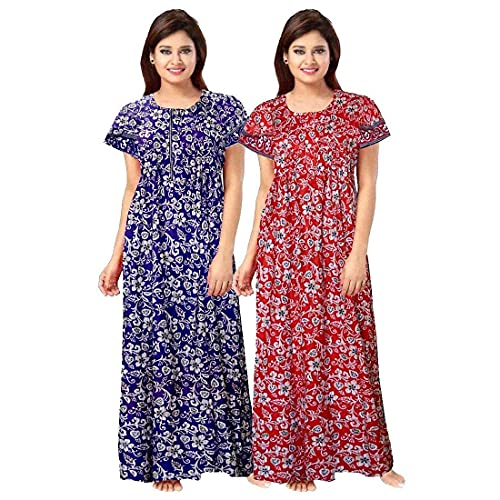 YUKATA Women's Cotton Printed Maxi Nighty & Night Dress - Free Size (Pack of 2) (X-Large, Red&Blue) - Image 2