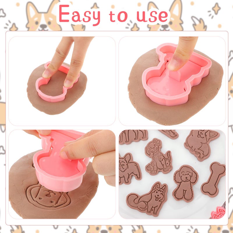 Vesici 8 Pcs Dog Cookie Cutters with Plunger Stamps Set 3D Puppy Bone Shape Biscuit Funny Cartoon Stamps Stamped Embossed Dog Cookie Cutters for Treats DIY Baking Supplies(Vivid Style) - Image 4