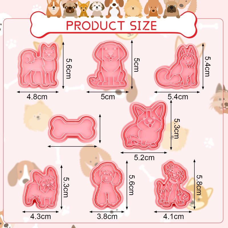Vesici 8 Pcs Dog Cookie Cutters with Plunger Stamps Set 3D Puppy Bone Shape Biscuit Funny Cartoon Stamps Stamped Embossed Dog Cookie Cutters for Treats DIY Baking Supplies(Vivid Style) - Image 2