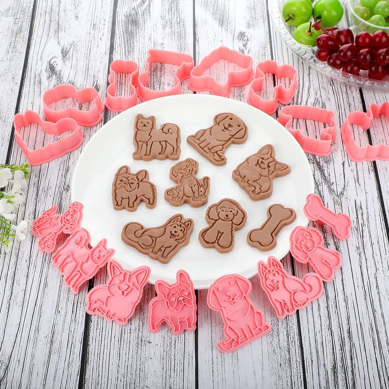 Vesici 8 Pcs Dog Cookie Cutters with Plunger Stamps Set 3D Puppy Bone Shape Biscuit Funny Cartoon Stamps Stamped Embossed Dog Cookie Cutters for Treats DIY Baking Supplies(Vivid Style) - Image 3