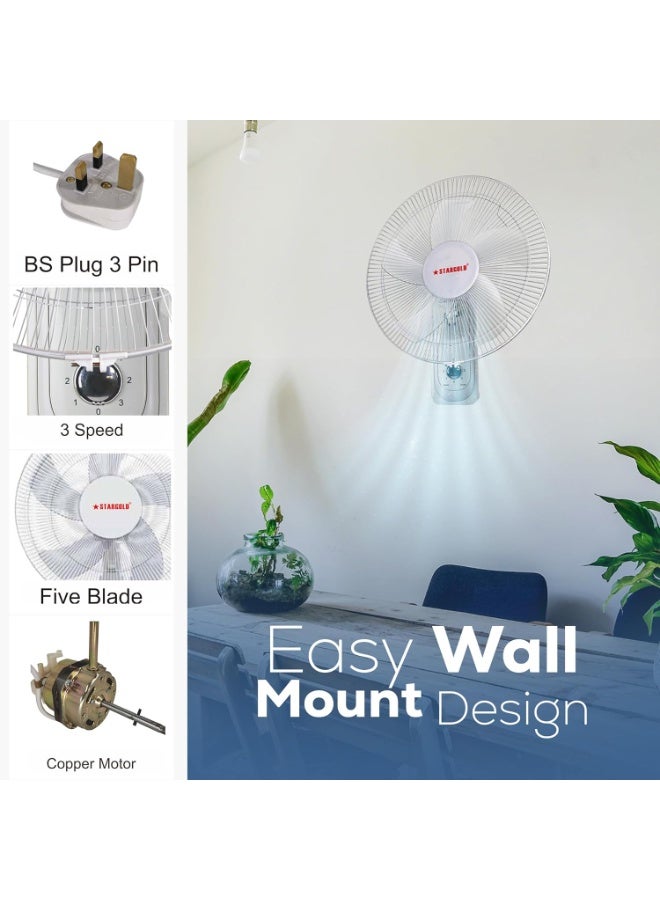 Stargold Wall Mounted Electric Fan 16 Inch 45W with 3 Speed Control - Image 3